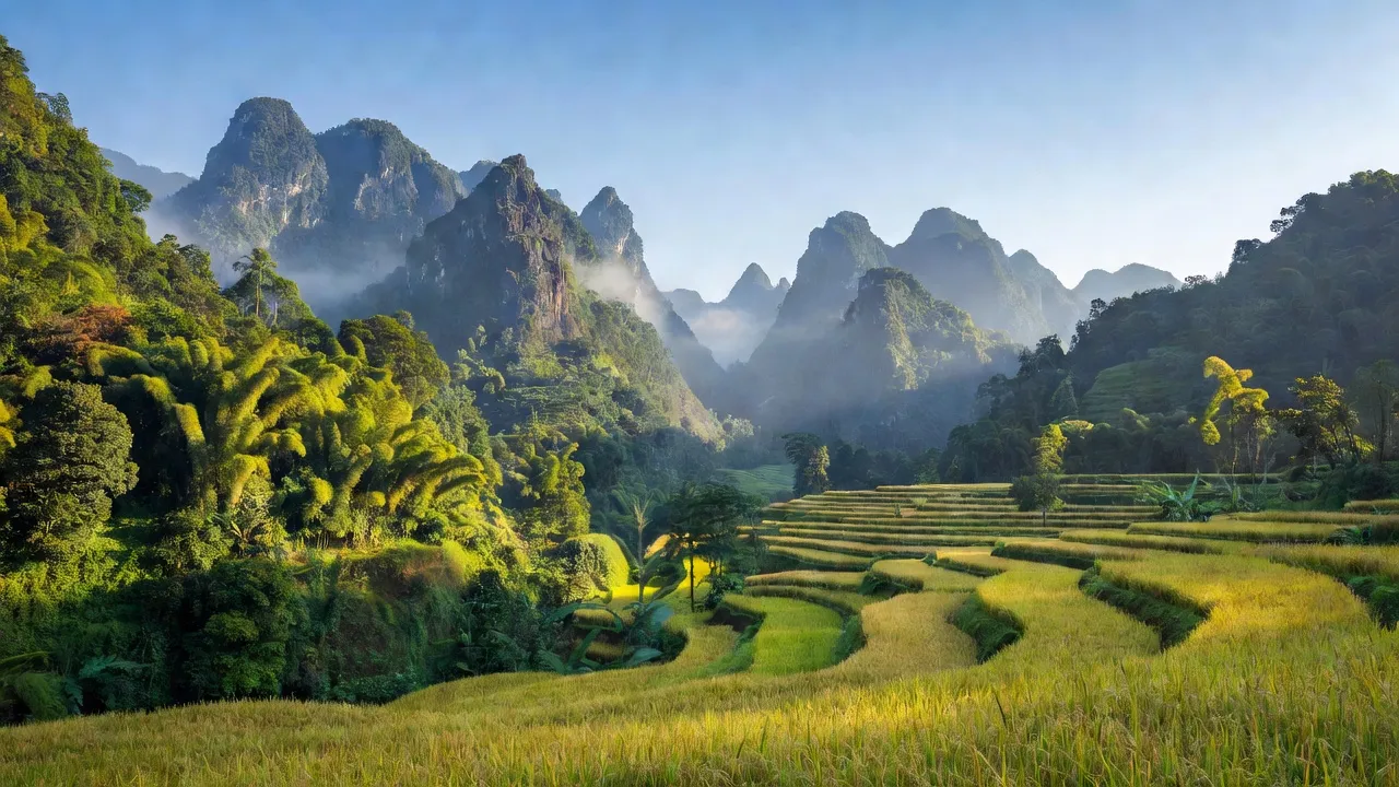 Cảnh quan huyện Thạch An, Cao Bằng với núi và ruộng lúa, thể hiện vẻ đẹp thiên nhiên miền núi.