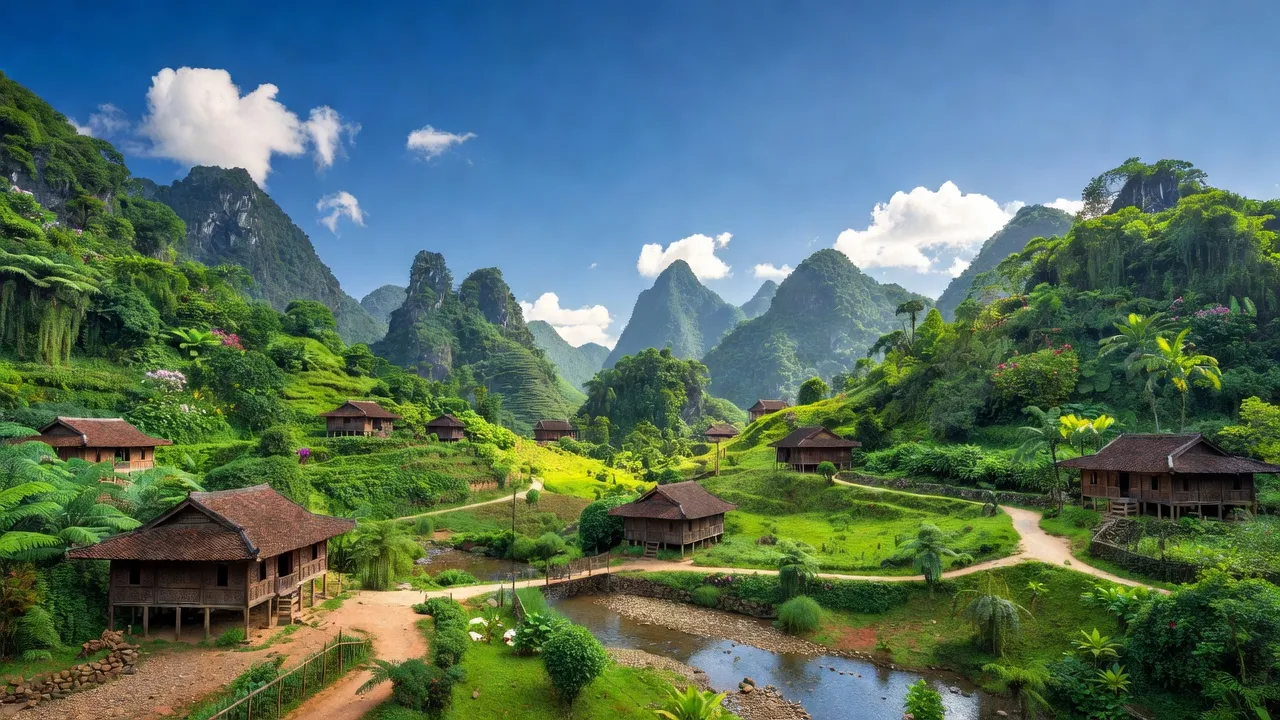 Khung cảnh huyện Thạch An, Cao Bằng với núi xanh và nhà gỗ truyền thống, khí hậu nhiệt đới.