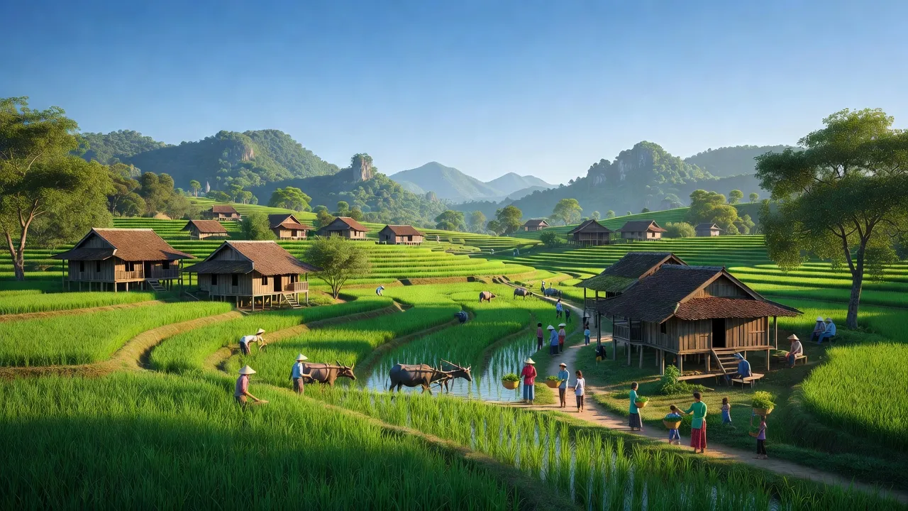 Thị trấn Đông Khê, Huyện Thạch An, Tỉnh Cao Bằng với những cánh đồng xanh và nhà gỗ truyền thống.