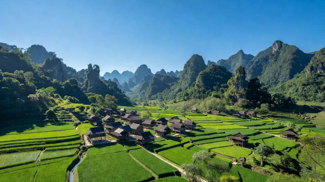 Khung cảnh làng Kim Đồng, huyện Thạch An, tỉnh Cao Bằng với núi non hùng vĩ và cánh đồng xanh.