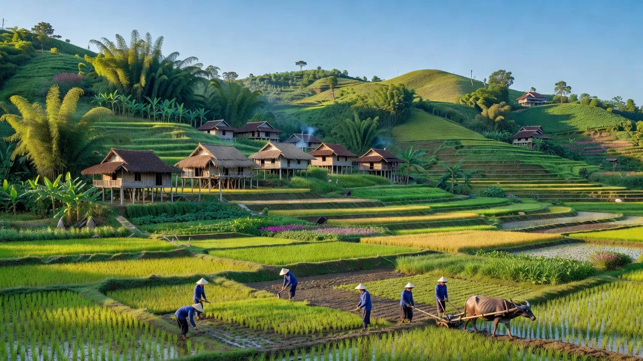 Cảnh quan xã Thái Cường, huyện Thạch An, tỉnh Cao Bằng với đồi núi và nhà truyền thống.