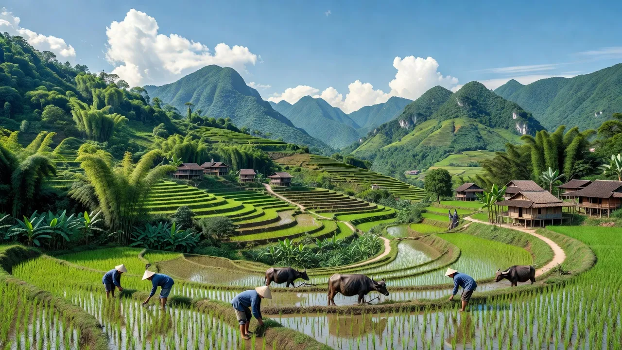 Cảnh quan Xã Thụy Hùng, Huyện Thạch An, Tỉnh Cao Bằng với đồi núi và ruộng nương xanh tươi.