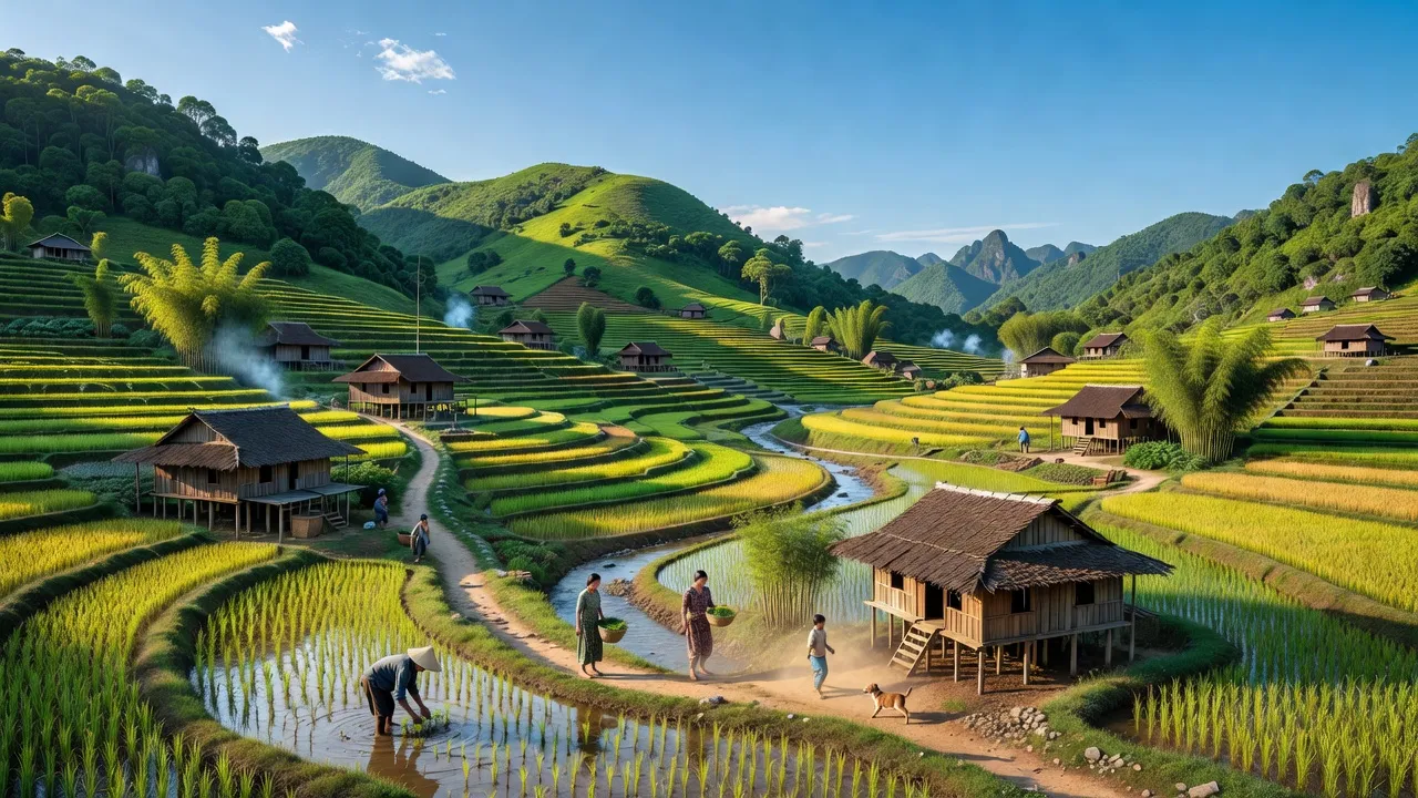 Khung cảnh Xã Thụy Hùng, Huyện Thạch An, Tỉnh Cao Bằng với đồi núi xanh tươi và ruộng nông nghiệp.