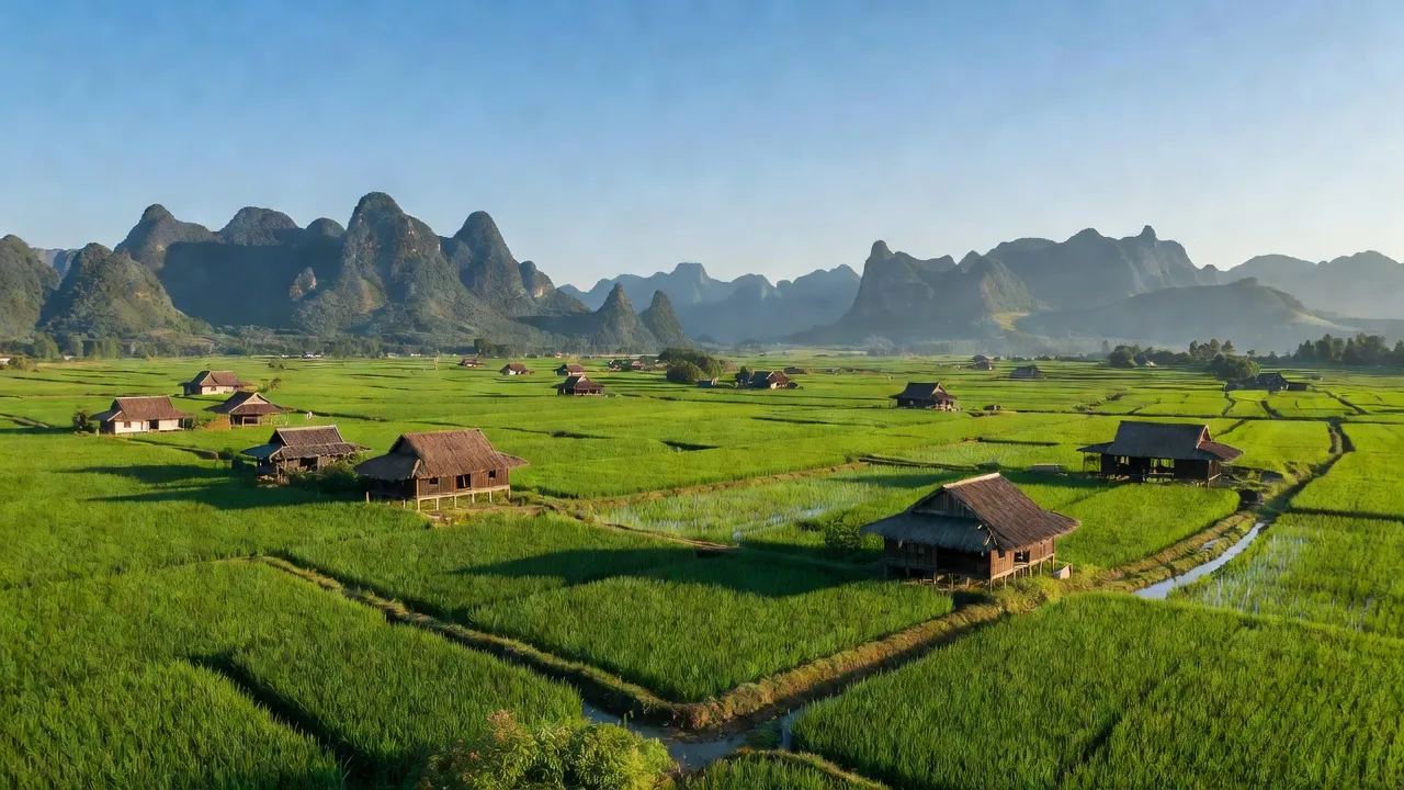 Khung cảnh Xã Vân Trình, Huyện Thạch An, Tỉnh Cao Bằng với đồng xanh và núi non hùng vĩ.