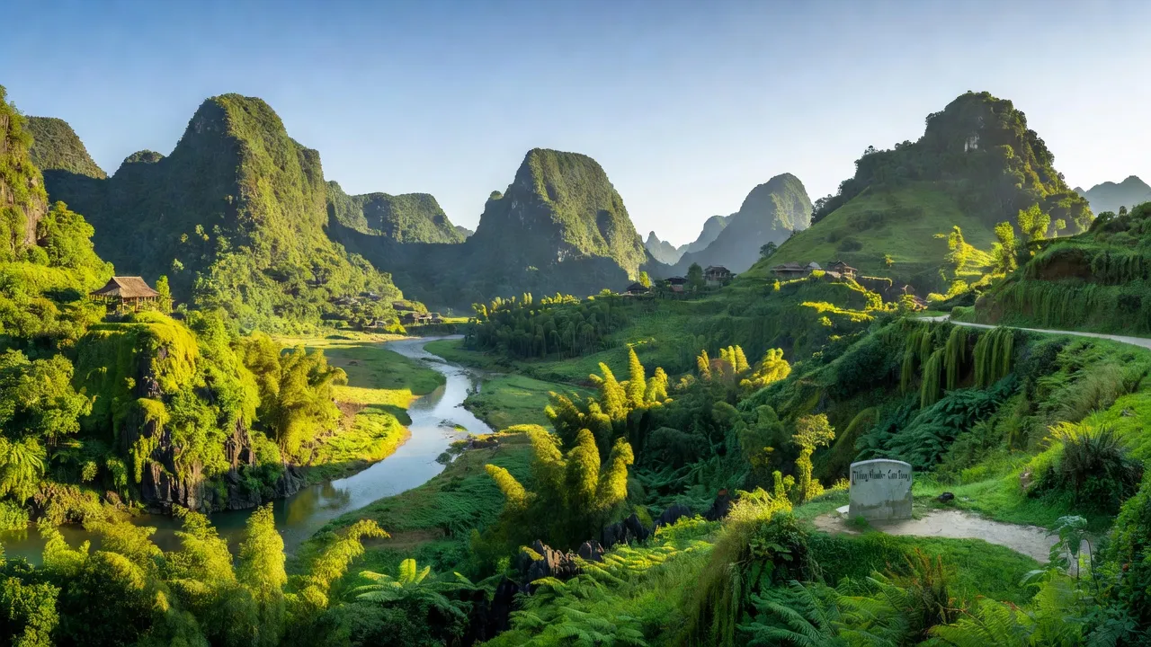 Phong cảnh huyện Trùng Khánh, tỉnh Cao Bằng với núi non xanh tươi, tạo điều kiện cho du lịch và phát triển.