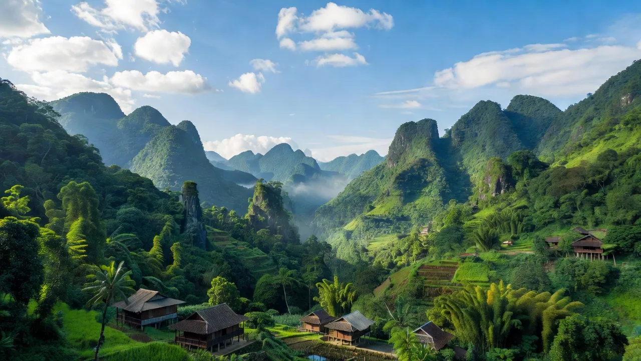 Quang cảnh huyện Trùng Khánh, Cao Bằng với núi xanh, thung lũng, và nhà truyền thống Việt Nam.
