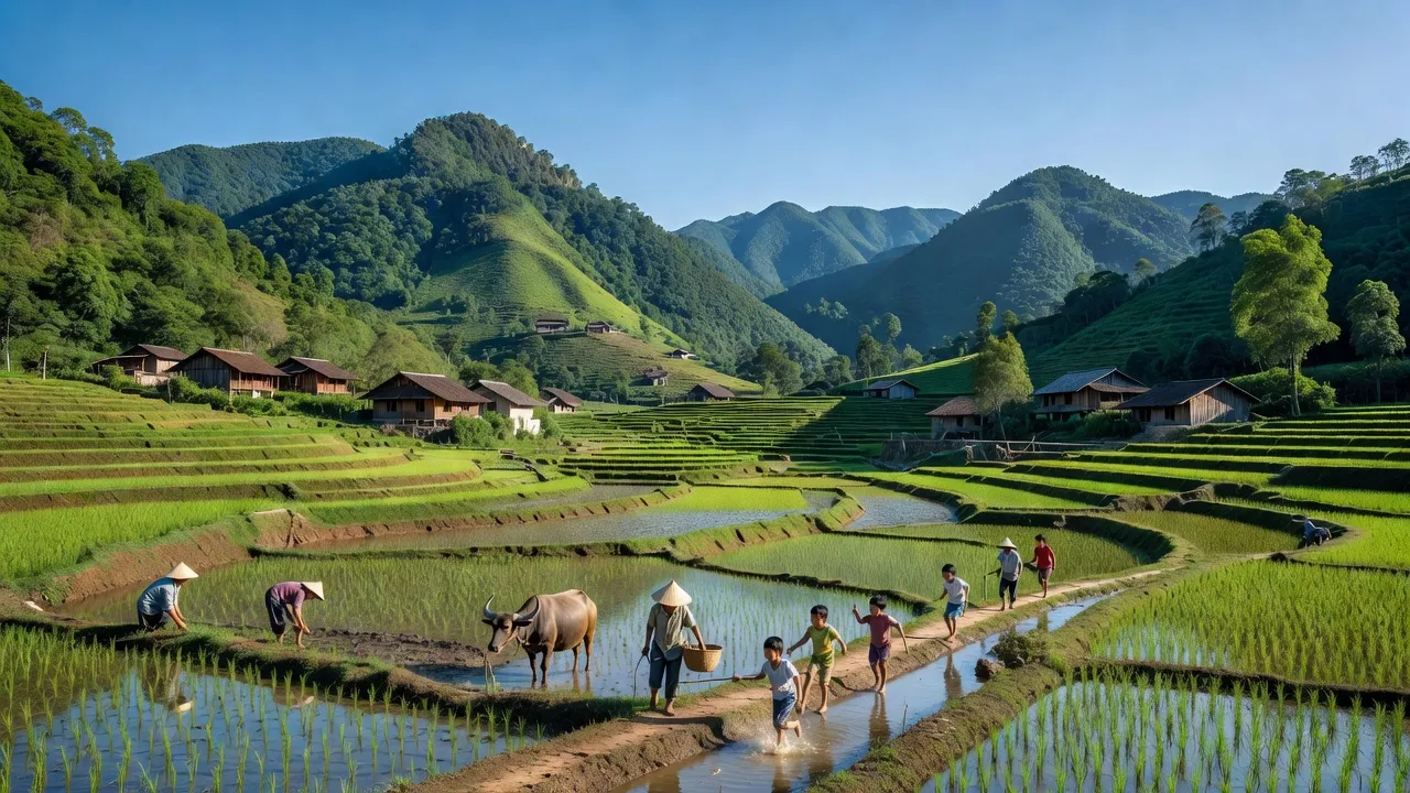 Cảnh quan nông thôn xã Cao Thăng, huyện Trùng Khánh, tỉnh Cao Bằng với thiên nhiên tươi đẹp.
