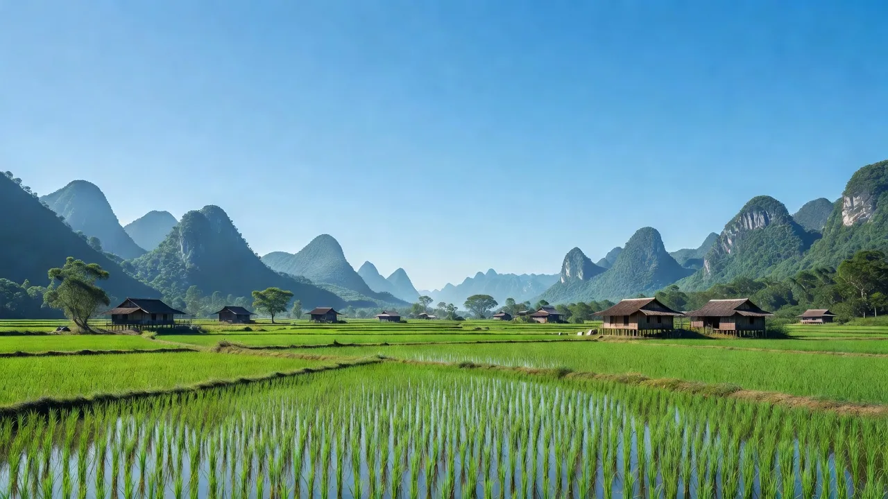 Cảnh đẹp Xã Đoài Dương, Huyện Trùng Khánh, Tỉnh Cao Bằng, với cánh đồng xanh và núi non hùng vĩ.