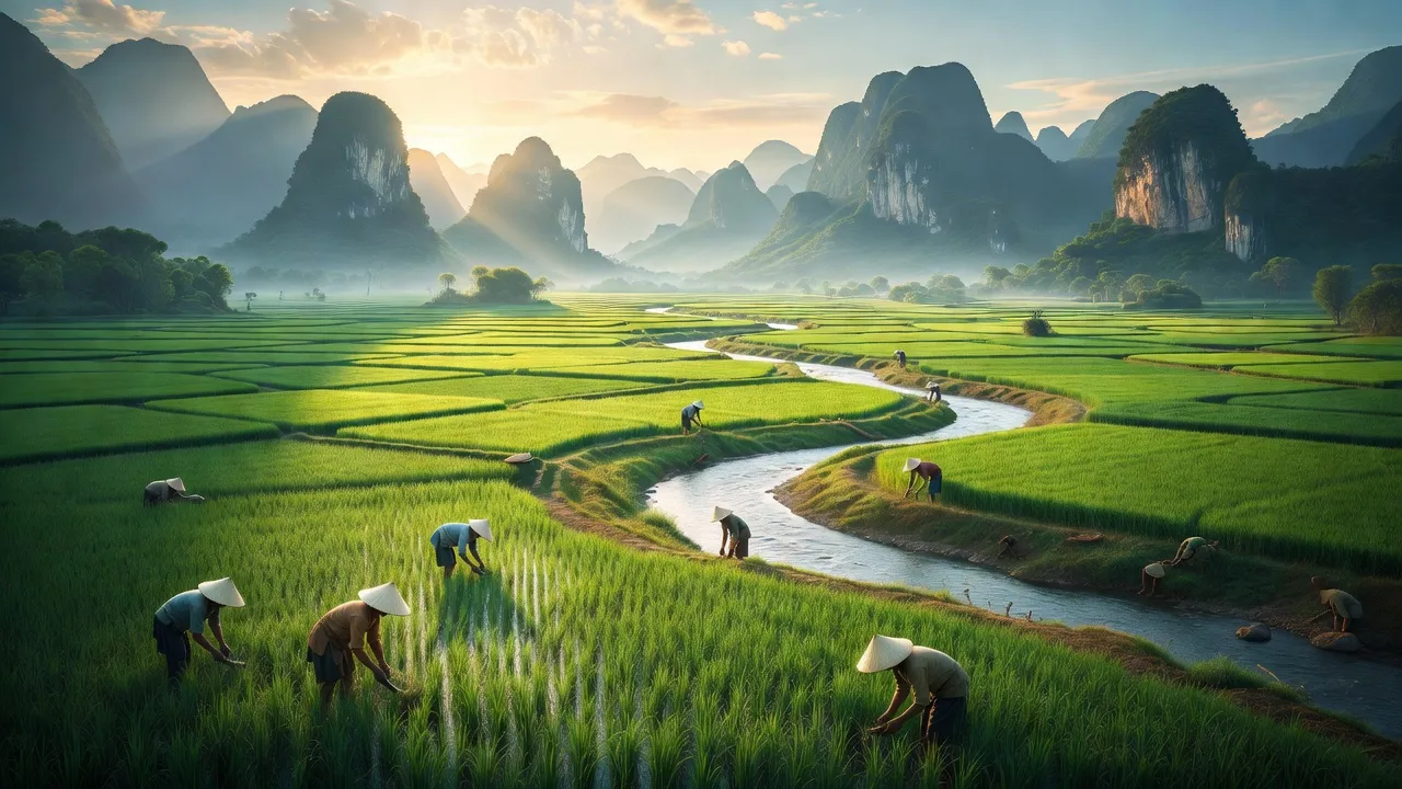 Phong cảnh thiên nhiên xã Đoài Dương, huyện Trùng Khánh, Cao Bằng với cánh đồng xanh và núi đồi.