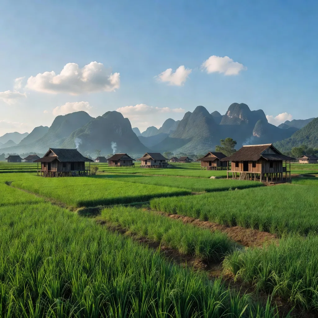 Khung cảnh yên bình của xã Phong Châu, huyện Trùng Khánh, tỉnh Cao Bằng với cảnh quan thiên nhiên tuyệt đẹp.