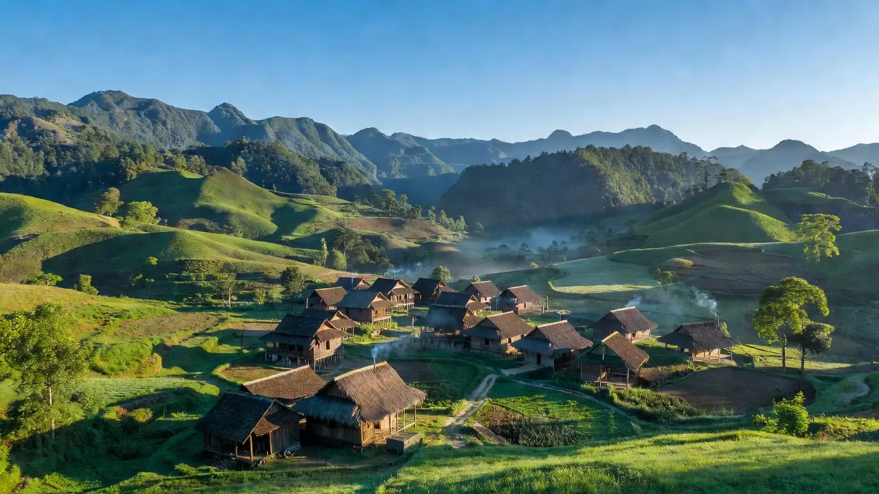 Khung cảnh xã Phong Nậm, huyện Trùng Khánh, tỉnh Cao Bằng với núi non xanh tươi và nhà truyền thống.