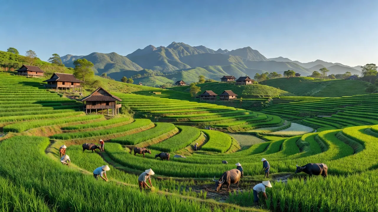 Khung cảnh xã Quang Trung, huyện Trùng Khánh, tỉnh Cao Bằng với đồng xanh và núi đồi.