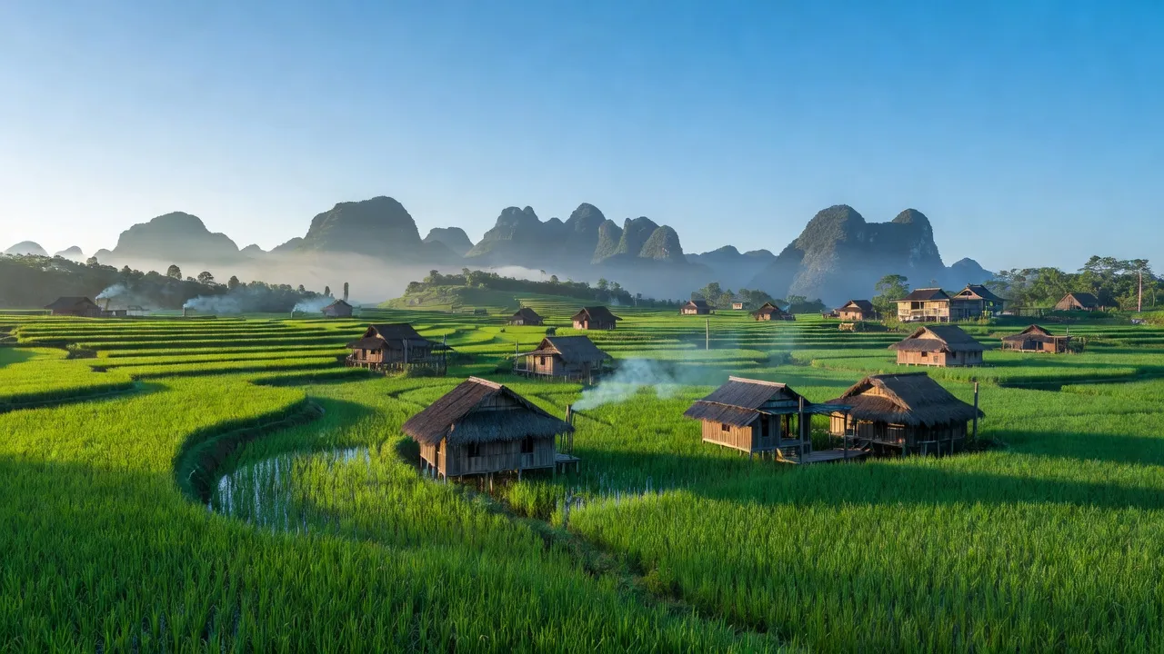 Khung cảnh yên bình tại xã Tri Phương, huyện Trùng Khánh, Cao Bằng với đồng lúa xanh mướt.