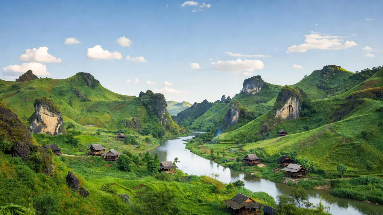 Cảnh quan thiên nhiên tỉnh Cao Bằng với núi xanh, sông, bản làng truyền thống và trời trong xanh.