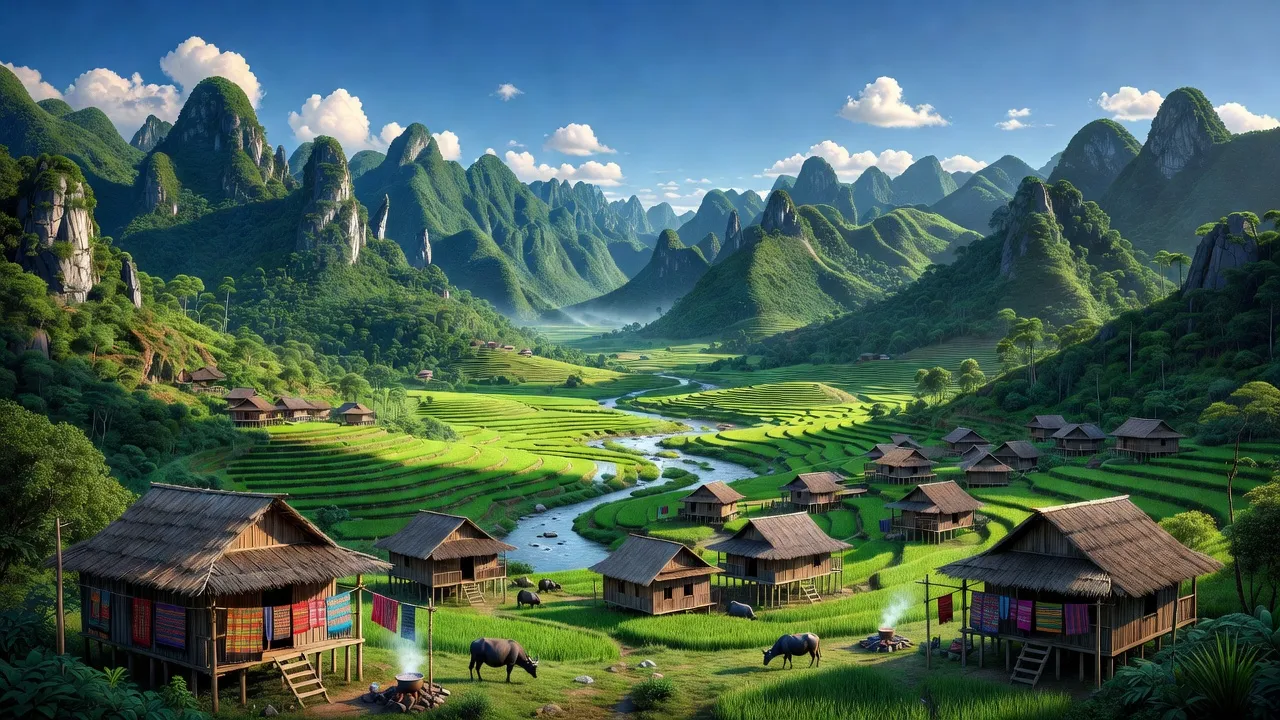Cảnh thiên nhiên tỉnh Cao Bằng với núi non hùng vĩ, thung lũng xanh tươi và nhà gỗ truyền thống.