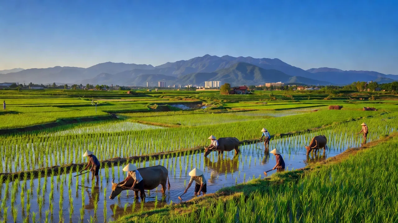 Khung cảnh huyện Hòa Vang, Đà Nẵng, với cánh đồng lúa xanh tươi và núi non xa xa.