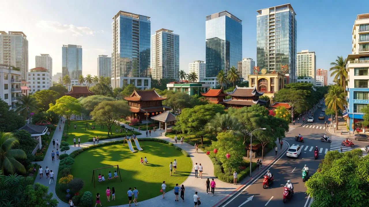 Quận Cẩm Lệ, Đà Nẵng, với kiến trúc hiện đại và công viên xanh, giữa trời nắng đẹp.