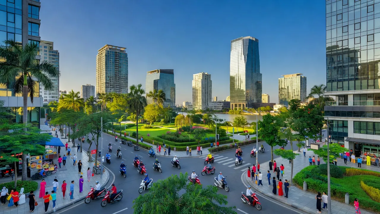 Quận Hải Châu Đà Nẵng với kiến trúc hiện đại và cuộc sống nhộn nhịp, thể hiện sự phát triển đô thị.