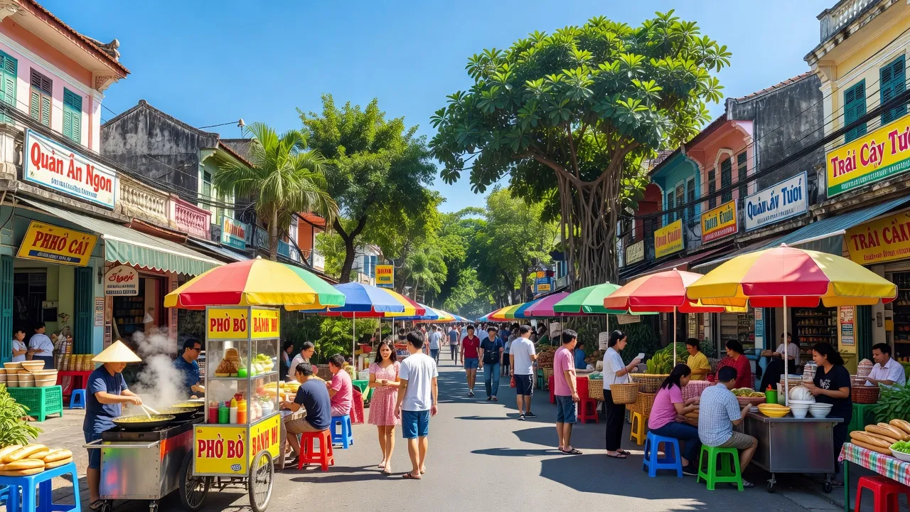 Khung cảnh nhộn nhịp ở Quận Thanh Khê, Đà Nẵng với các quán ăn, chợ và đời sống đô thị.