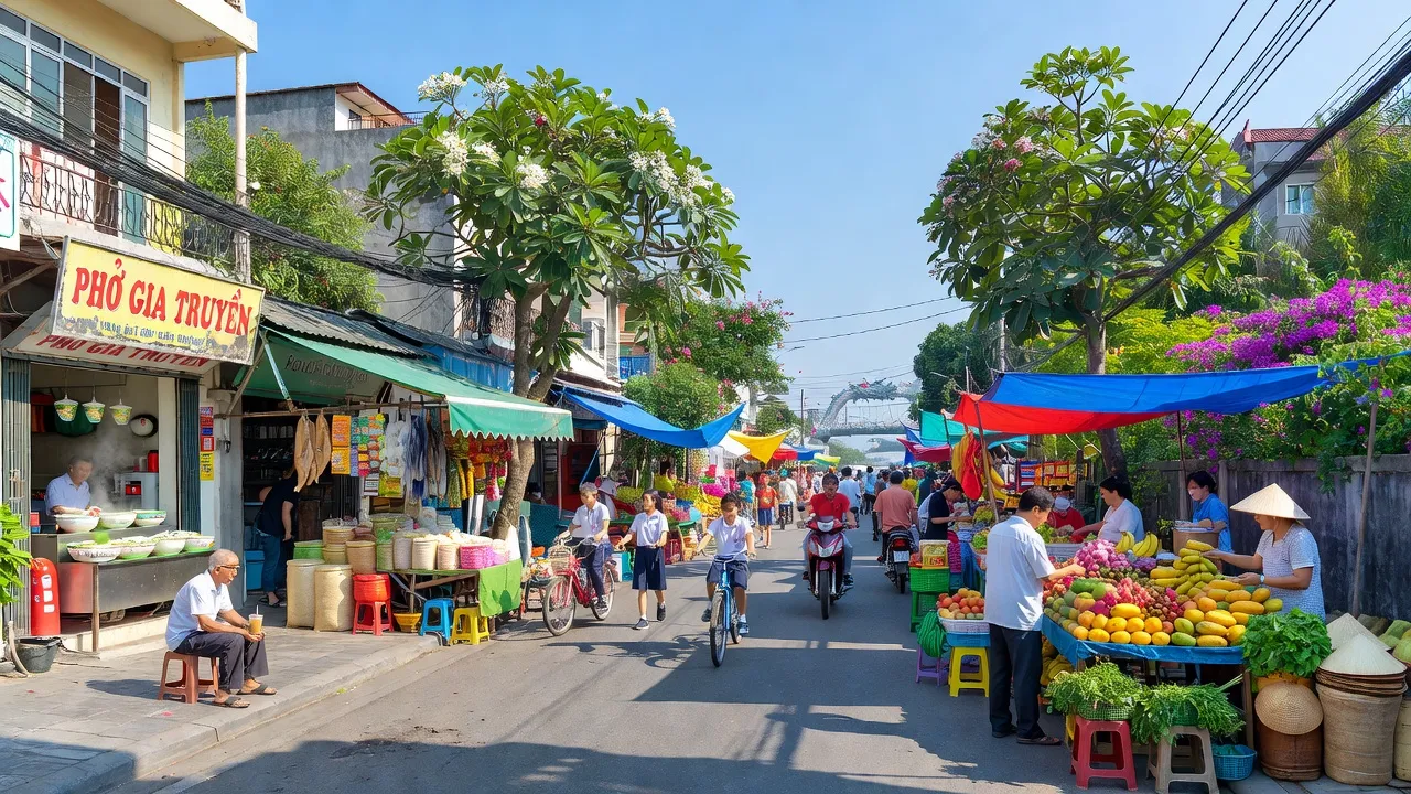 Quận Thanh Khê, Đà Nẵng với cảnh hàng quán sôi động và đường phố rợp bóng cây, thời tiết đẹp.