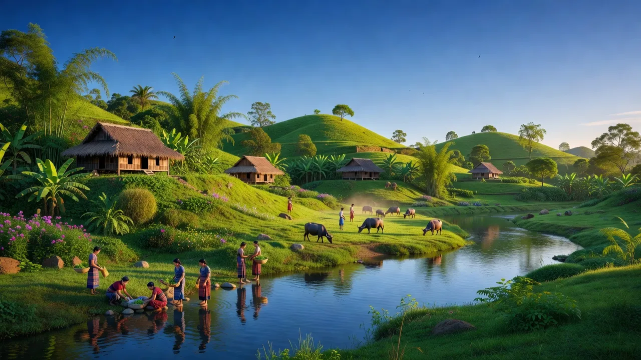 Cảnh đẹp huyện Buôn Đôn, Đắk Lắk với đồi xanh, nhà sàn truyền thống và dòng sông yên bình.