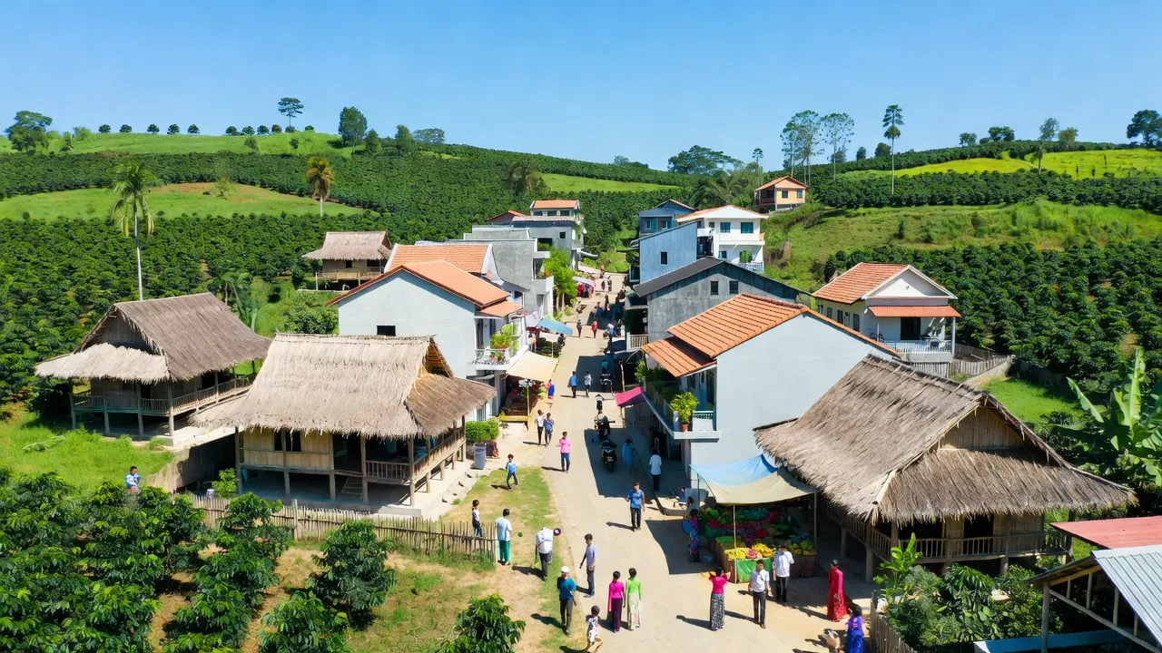 Quang cảnh thị xã Buôn Hồ, tỉnh Đắk Lắk với thiên nhiên xanh tươi và kiến trúc địa phương.