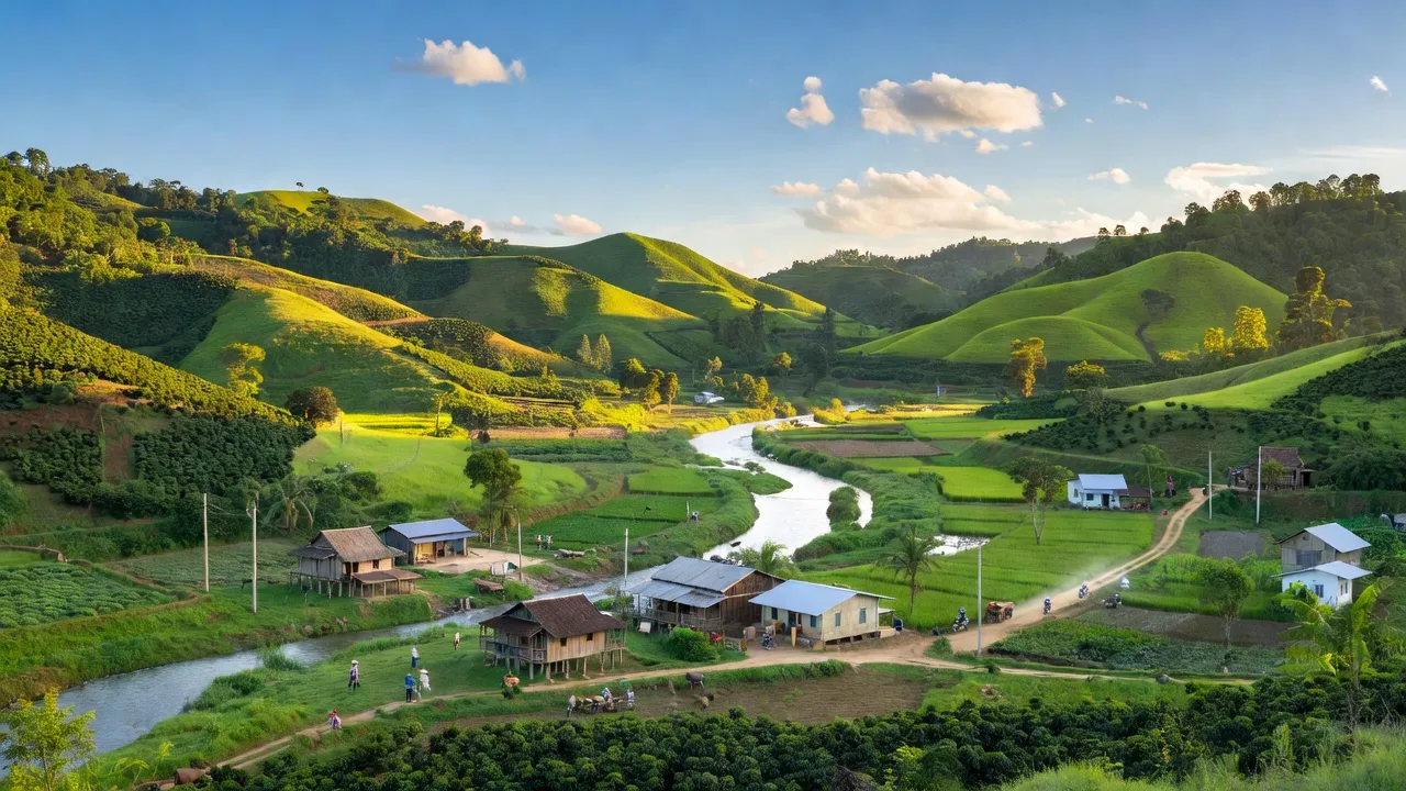Thị Xã Buôn Hồ, Đắk Lắk với cảnh quan xanh, sông quanh co và bầu trời trong sáng.