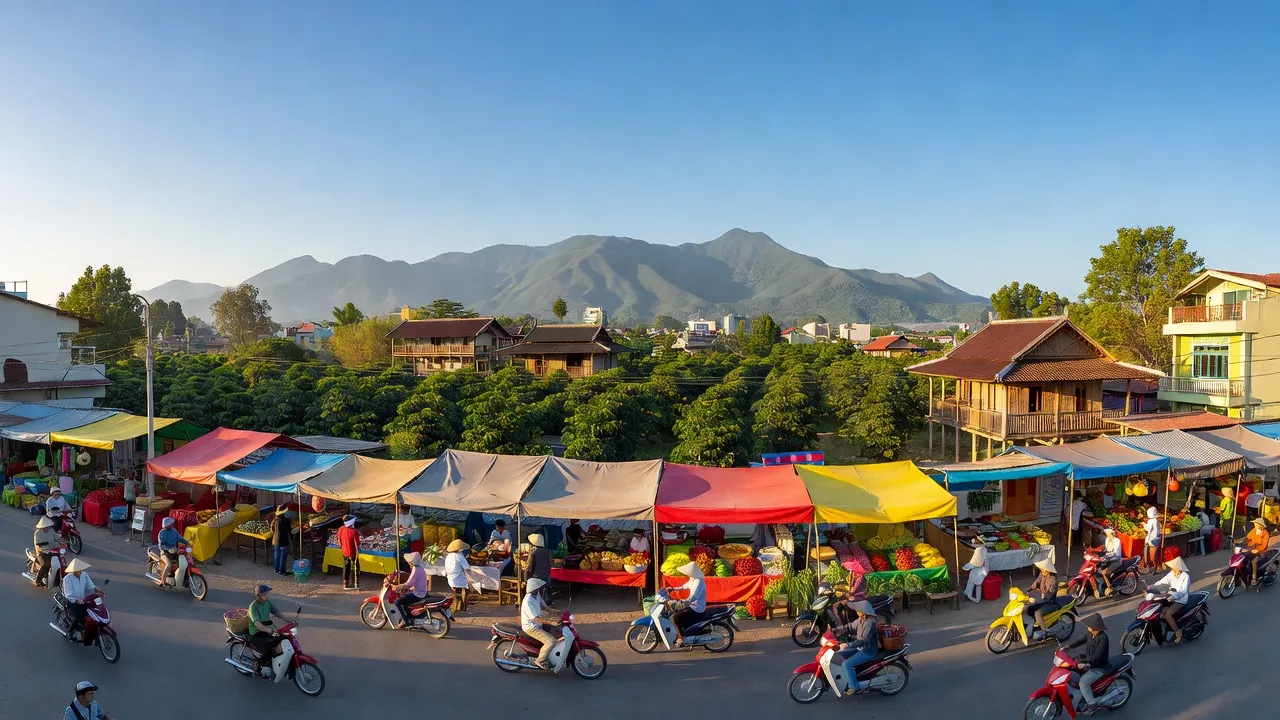 Buôn Ma Thuột cityscape, Đắk Lắk province, Tây Nguyên, vibrant street life and local market.