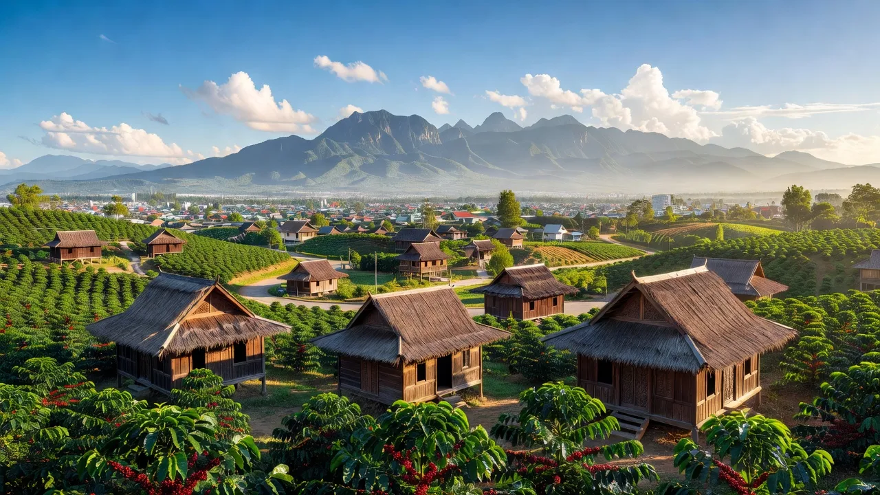 Quang cảnh thành phố Buôn Ma Thuột, Đắk Lắk với nhà gỗ, đồn điền cà phê và núi.