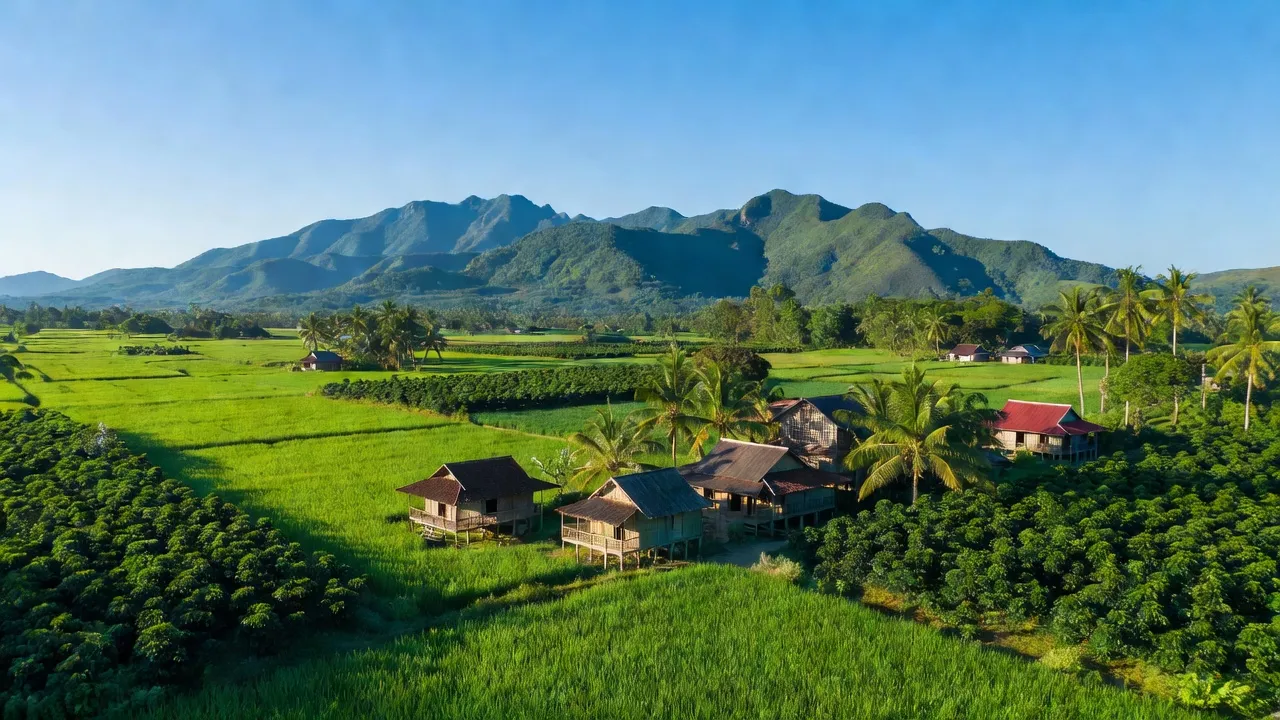 Cảnh đẹp huyện Cư Kuin, Đắk Lắk với bầu trời xanh và những cánh đồng xanh tươi.
