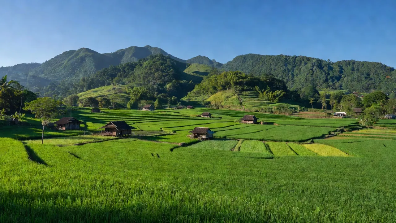 Cảnh quan huyện Cư M'gar, Đắk Lắk với cánh đồng xanh và nhà sàn truyền thống.