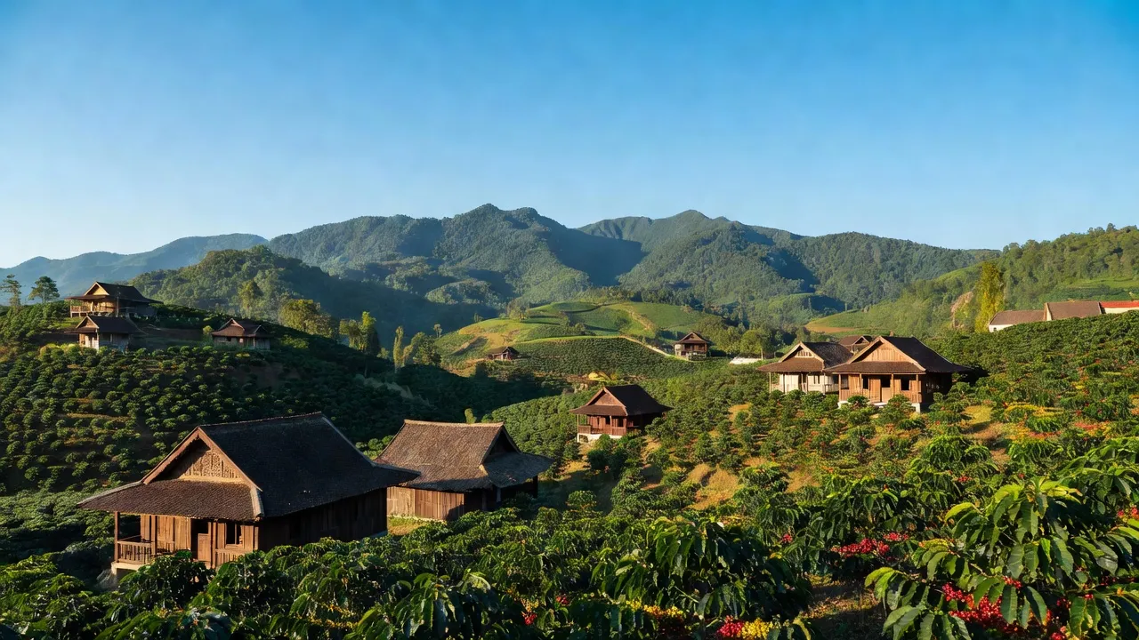 Cảnh quan huyện Cư M'gar, tỉnh Đắk Lắk với đồi núi xanh mát và vườn cà phê.