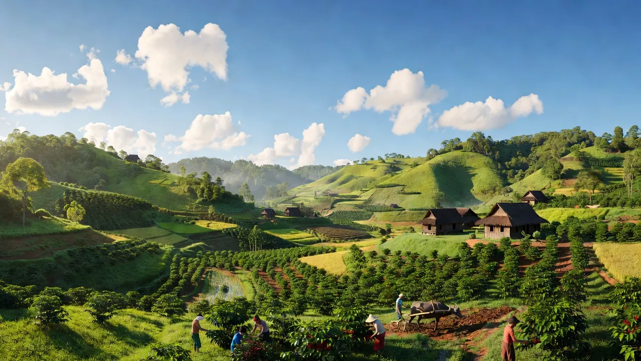 Khung cảnh huyện Ea Kar, Đắk Lắk với đồi núi, thung lũng và nhà truyền thống.