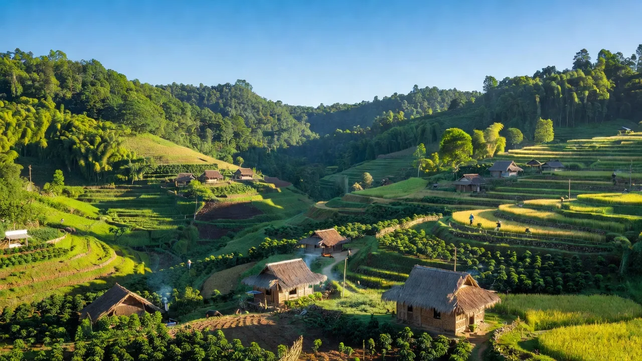Khung cảnh huyện Ea Kar, Đắk Lắk với đồi núi, thung lũng và nông trại truyền thống.