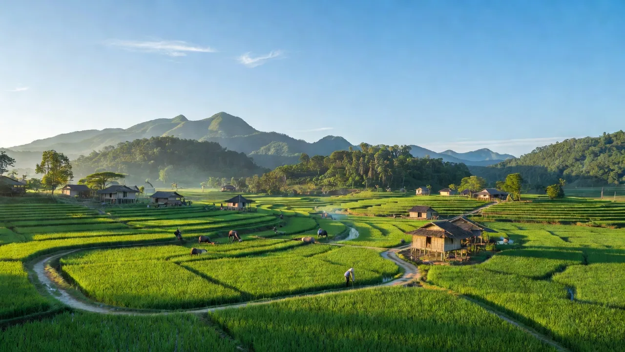 Cảnh quan huyện Ea Súp, tỉnh Đắk Lắk với núi xanh và cánh đồng lúa.