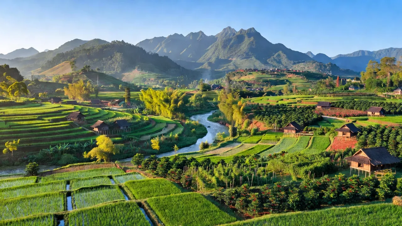 Khung cảnh huyện Krông Ana, Đắk Lắk với cánh đồng xanh, sông và núi non hùng vĩ.