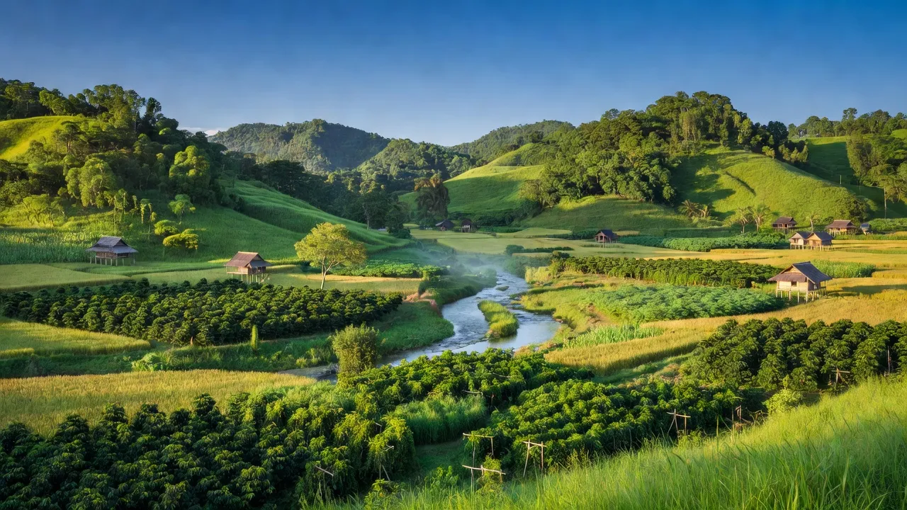 Phong cảnh huyện Krông Ana, Đắk Lắk với đồi xanh, sông suối và nhà truyền thống, thiên nhiên tươi đẹp.