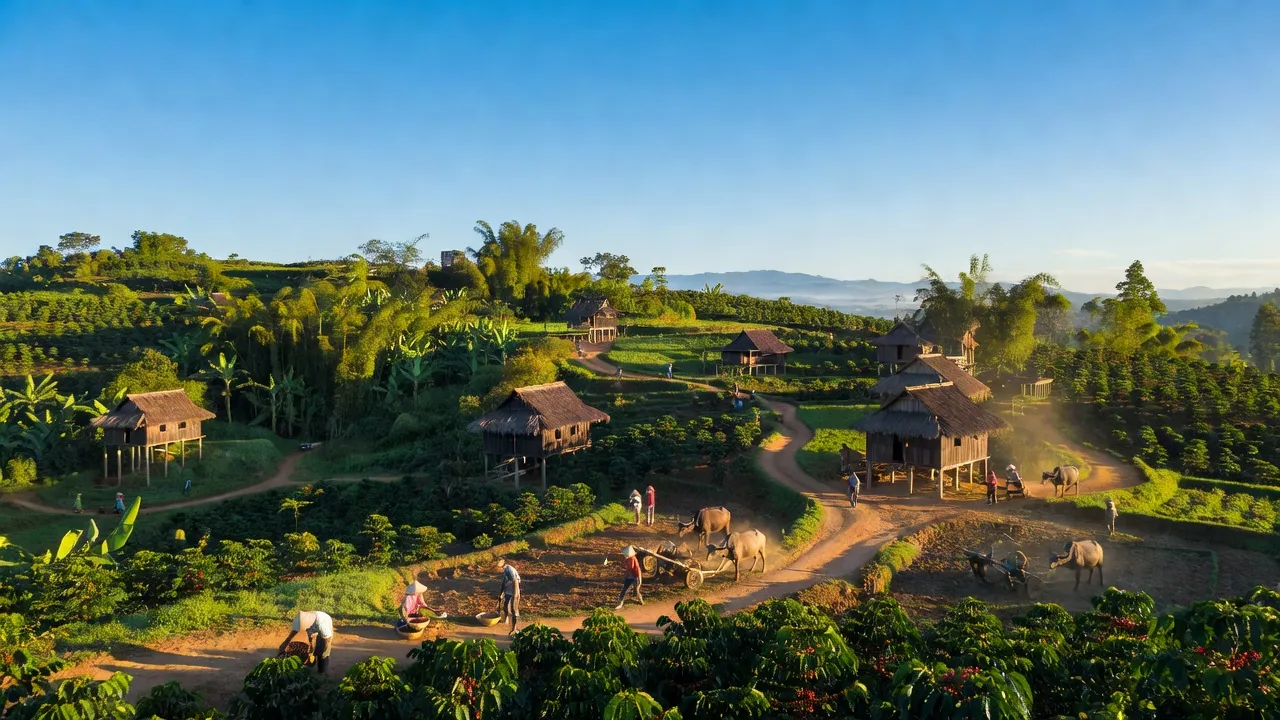 Khung cảnh huyện Krông Bông Đắk Lắk, thiên nhiên xanh tươi và nhà sàn truyền thống.