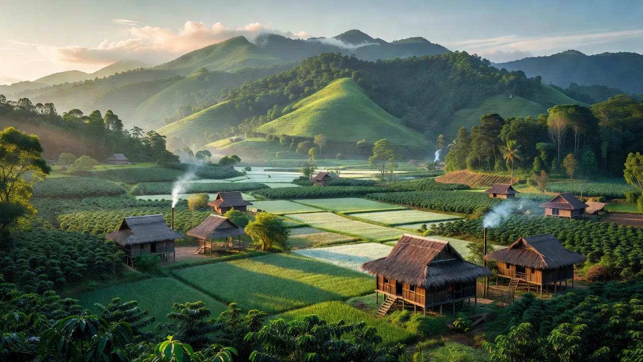 Khung cảnh huyện Krông Búk, Đắk Lắk với núi rừng và cánh đồng nông nghiệp xanh tươi.