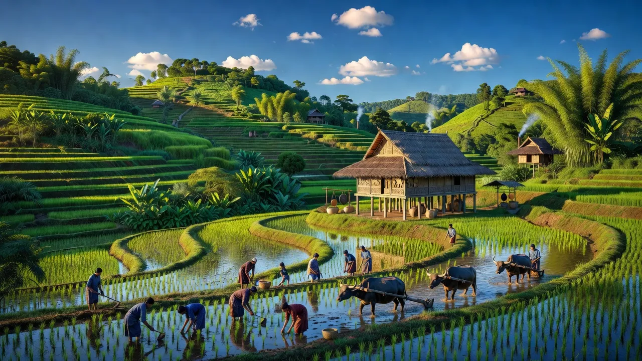 Khung cảnh huyện Krông Năng, Đắk Lắk với cánh đồng lúa và núi xanh, thể hiện vẻ đẹp nông thôn.