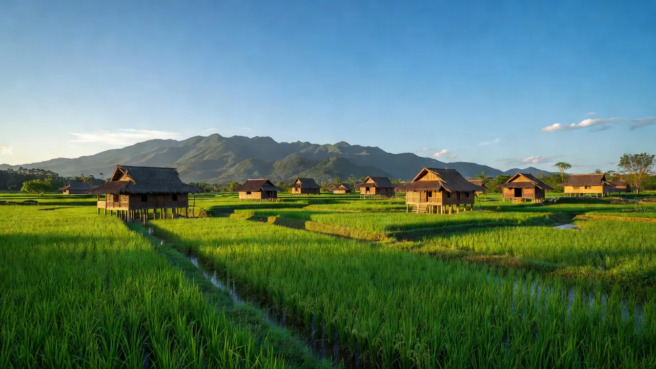 Khung cảnh nông thôn huyện Krông Năng, tỉnh Đắk Lắk với ruộng xanh và nhà gỗ truyền thống.