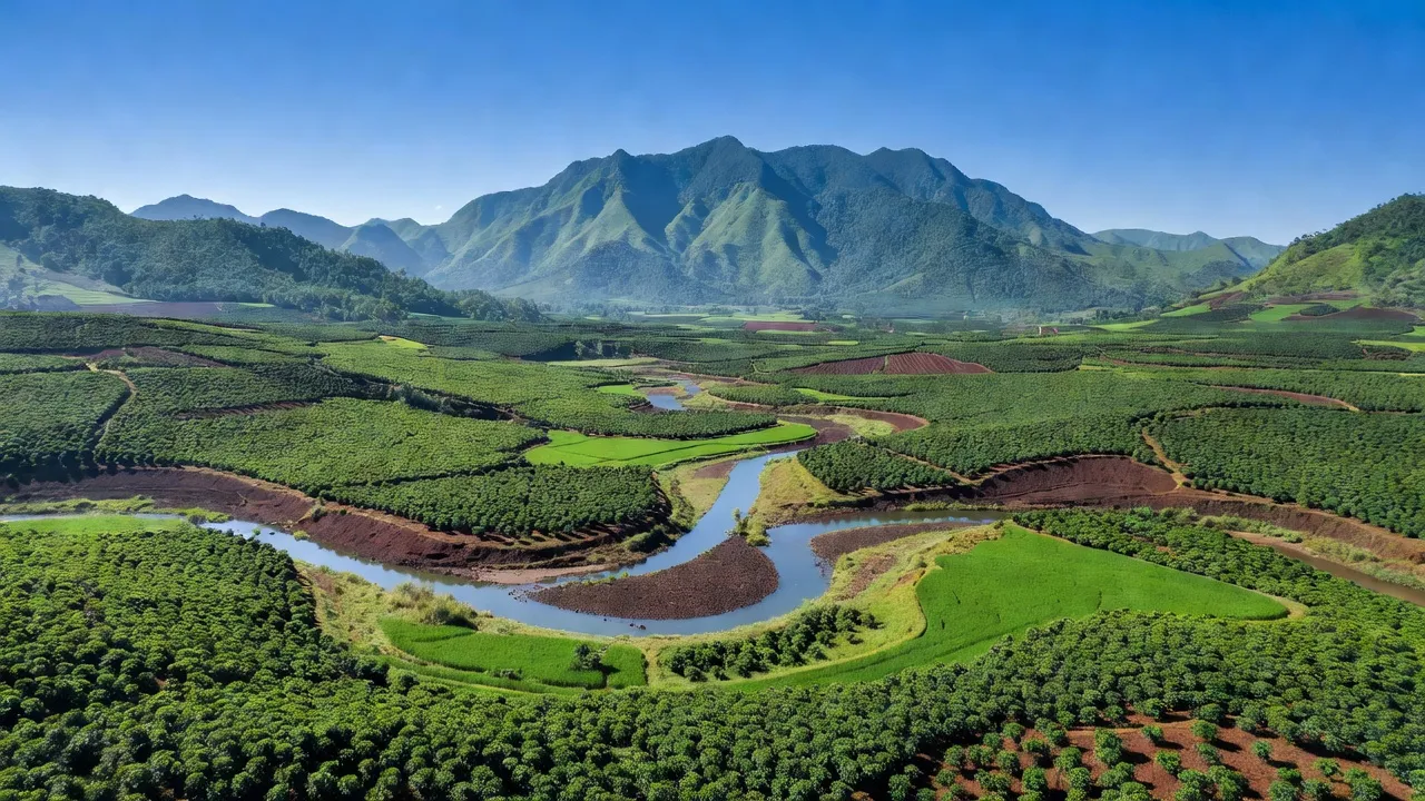 Khung cảnh huyện Krông Pắc, Đắk Lắk với đồng ruộng xanh tốt và dòng sông uốn lượn.