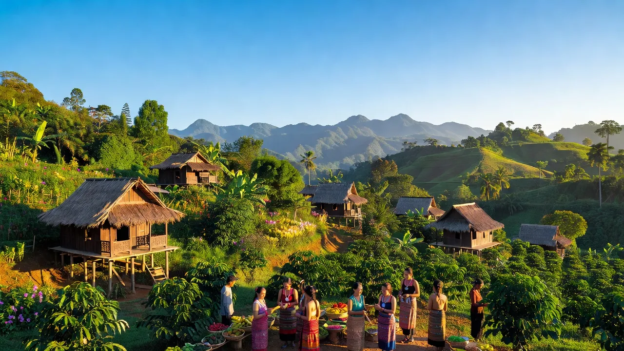 Cảnh đẹp huyện M'Đrắk, Đắk Lắk với đồi núi xanh tươi và nhà gỗ truyền thống.