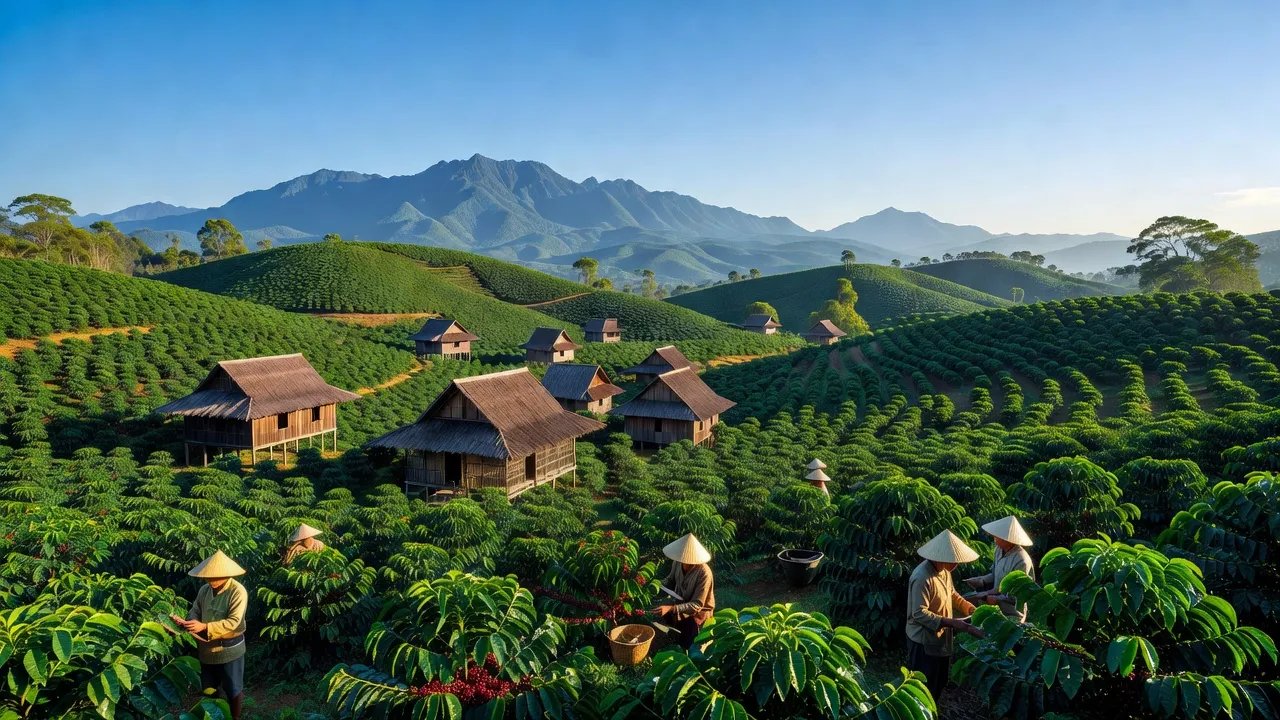Khung cảnh Tỉnh Đắk Lắk, với những đồn điền cà phê tươi mát và đồi núi xanh mướt.