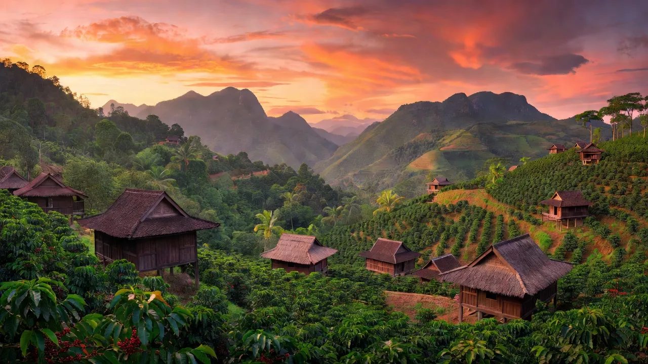 Khung cảnh tỉnh Đắk Lắk với những đồn điền cà phê và núi non hùng vĩ, thể hiện vẻ đẹp Tây Nguyên.