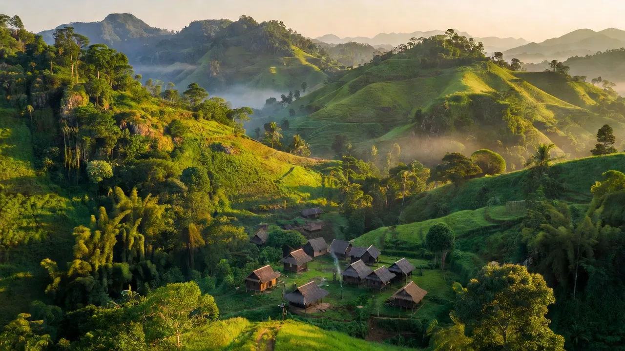Khung cảnh tự nhiên tại Huyện Đăk Glong, Đắk Nông với đồi núi và thung lũng xanh tươi.