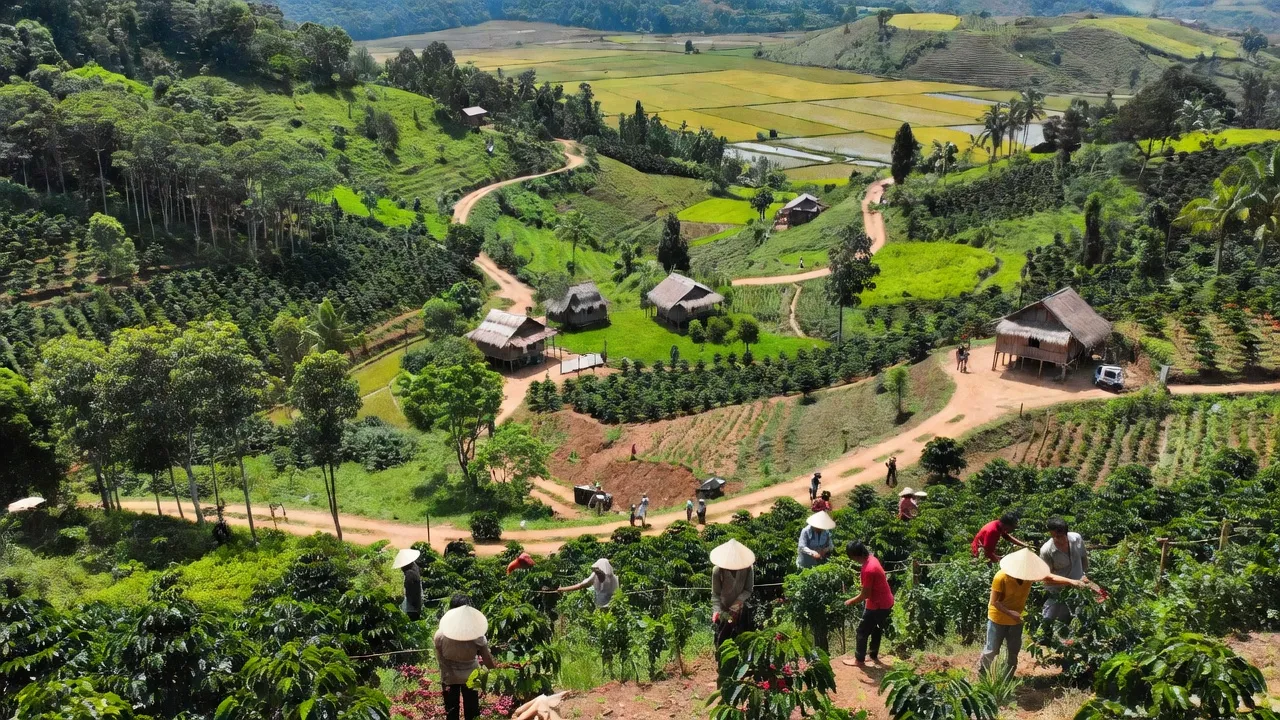 Khung cảnh huyện Đắk R'Lấp, Đắk Nông với nông nghiệp xanh và cảnh quan thiên nhiên tươi đẹp.