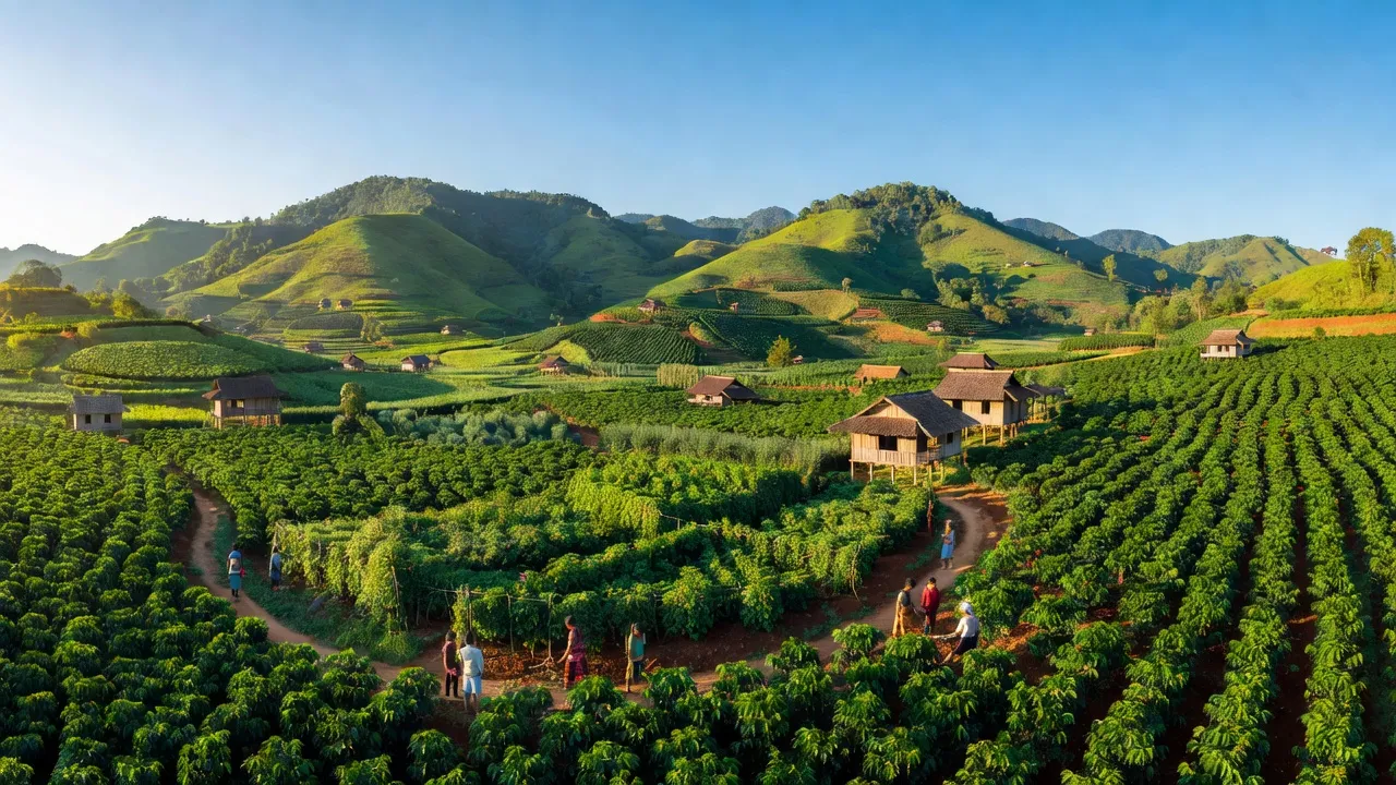 Khung cảnh huyện Đắk R'Lấp, tỉnh Đắk Nông với cánh đồng xanh và đồi núi, thu hút sự chú ý.