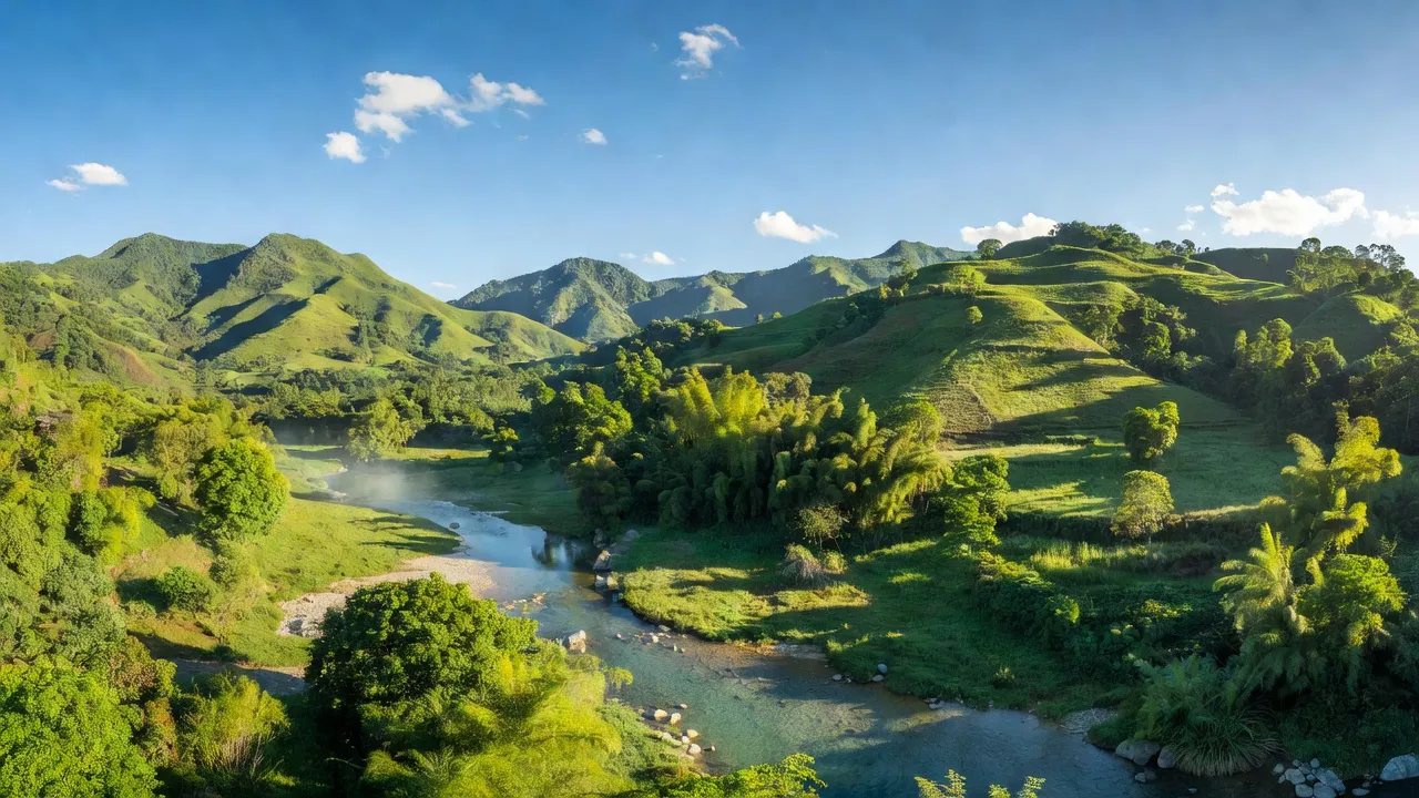 Khung cảnh huyện Krông Nô, Đắk Nông với đồi núi và sông suối, thiên nhiên tươi đẹp.