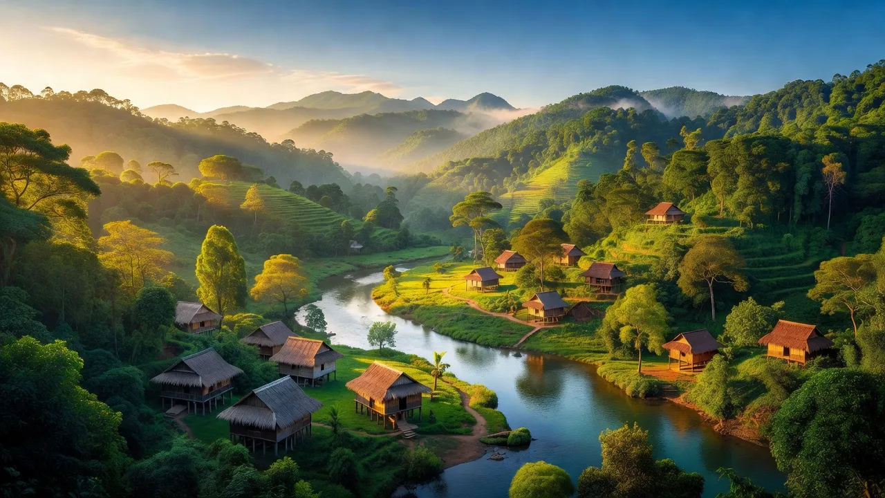 Cảnh quan tỉnh Đắk Nông với rừng núi, làng bản và dòng sông yên bình, Tây Nguyên.